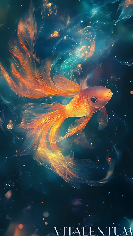 Goldfish with flowing fins swims through glowing aqua nebula