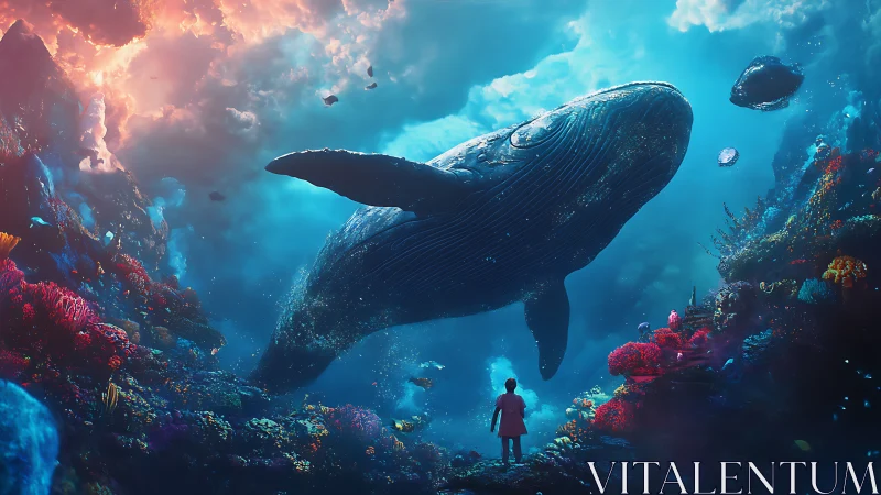 Dreamlike child and whale share a glowing undersea moment