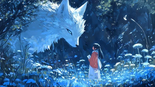 Girl meets luminous spirit wolf in a moonlit forest glade