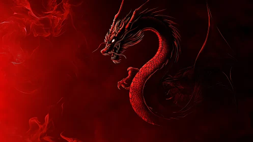 Crimson serpentine dragon coils through shadowed red smoke.