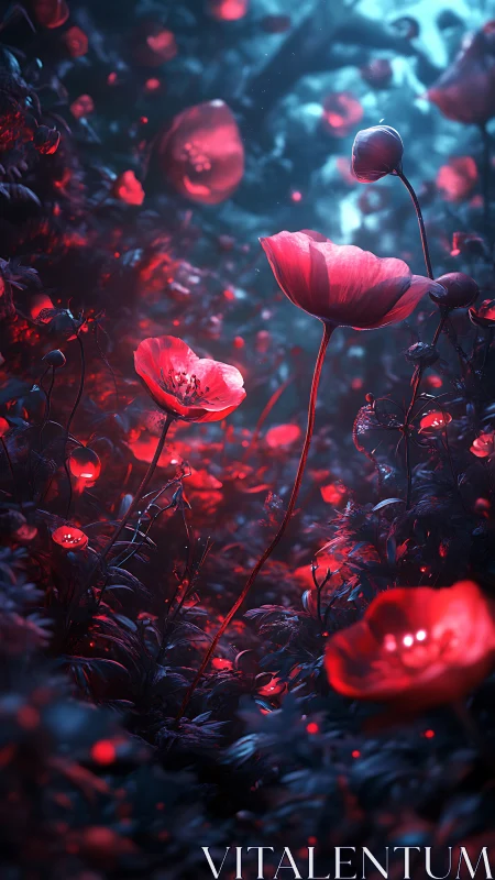 Glowing Red Poppies in Neon Dreamscape.