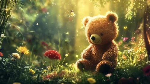 Soft teddy bear illuminated by volumetric light in lush forest glade