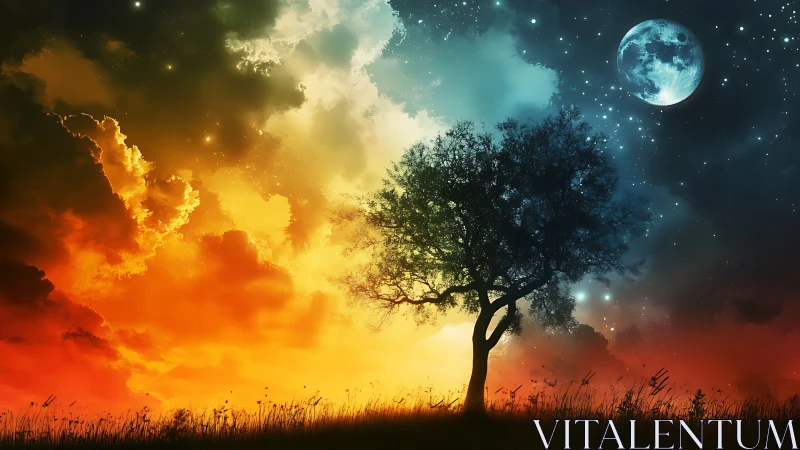 Surreal twilight tree amid split sky of fire and stars.