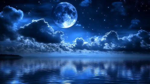 Moonlit ocean expands beneath luminous clouds at night