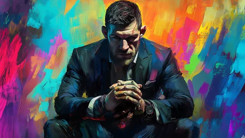 Determined suited man sits against vivid abstract backdrop