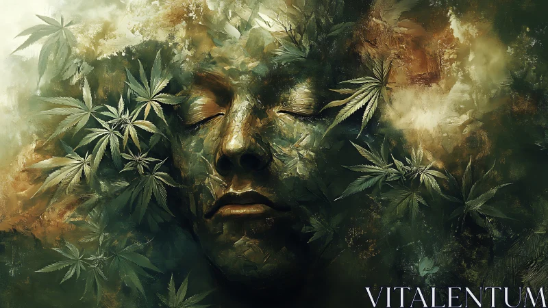 Human face merged with dense green foliage and abstract light.