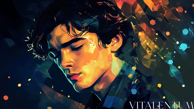 Digital portrait of pensive youth with prismatic bokeh shards
