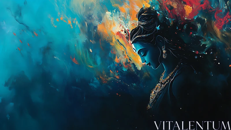 Profile of jeweled woman in abstract teal and flame space.