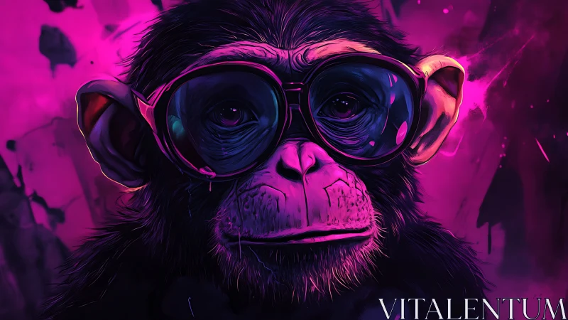 Neon-lit chimpanzee portrait rendered in saturated cyberpunk hues