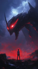Human figure stands before towering red-eyed creature form