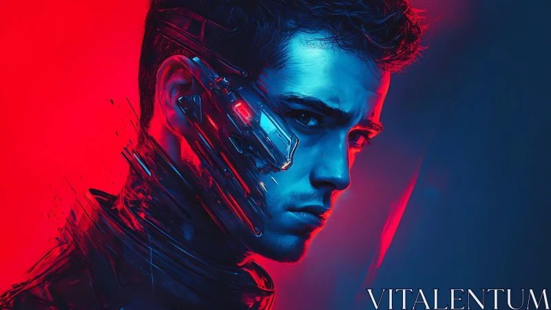 Cybernetic man glares under intense red blue neon light