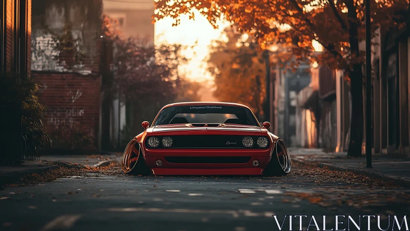 Low-slung red muscle car in autumn-lit deserted street.