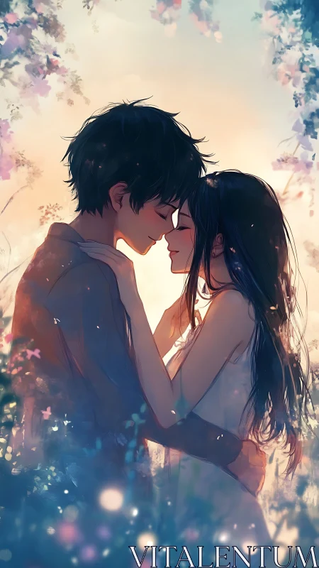 Soft sunset embrace between two gentle anime lovers.