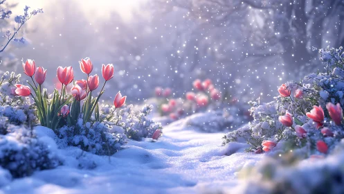Snow-Covered Landscape with Red Tulips and Blue Foliage