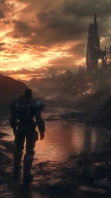 Cinematic sci fi warrior before monolithic tower at dusk.