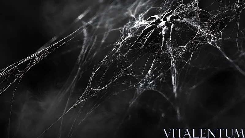 Glistening spider rests in eerie monochrome web at night.