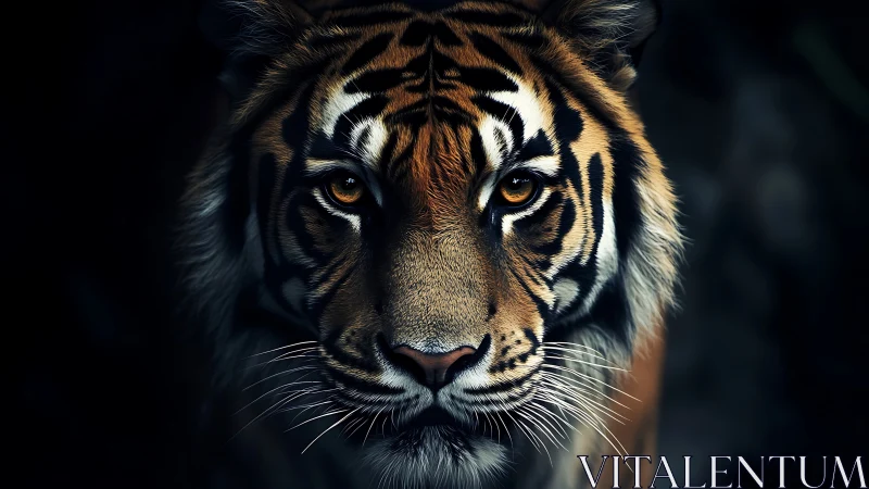 Low-key frontal tiger portrait with high contrast optics.
