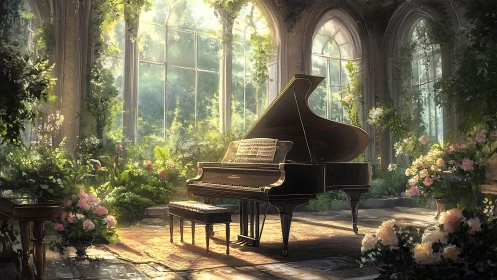 Grand piano in sunlit conservatory with lush botanical garden.
