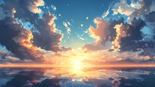 Digital seascape horizon with reflective clouds and sunset.