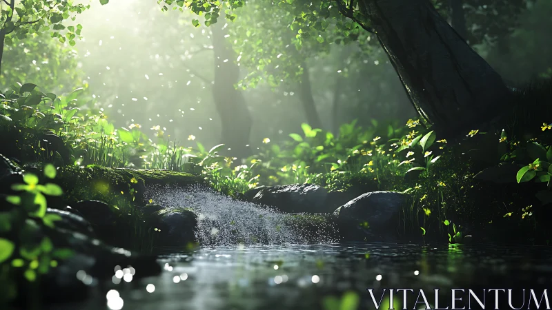 Enchanted forest stream glows with magical sunlight