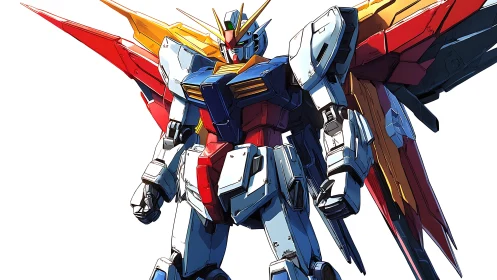Heroic anime mecha stands ready in dynamic winged armor