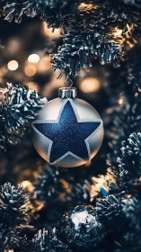 Frosted blue star ornament amid bokeh-lit fir branches.