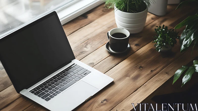 Laptop with coffee and plants sit on wooden desk surface