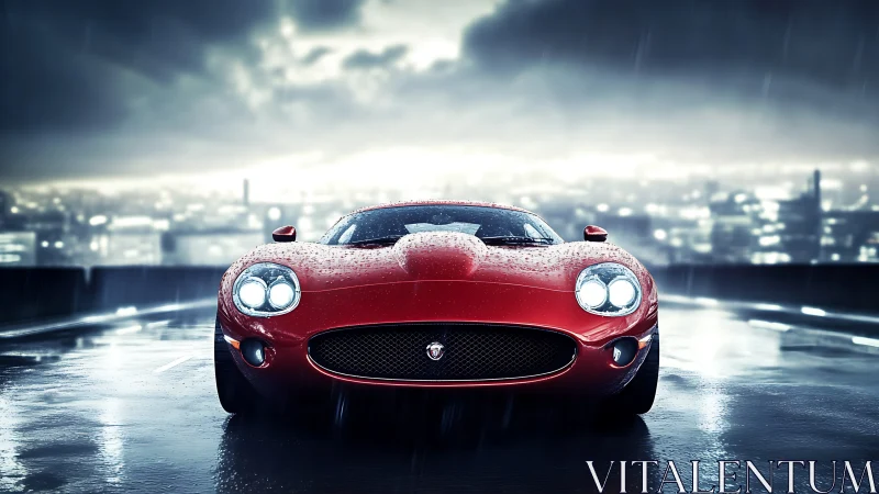 Red sports car dominates wet city rooftop at night