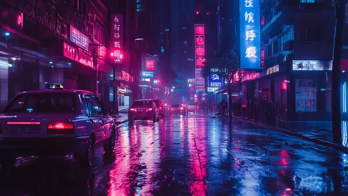 Rainy neon city street with cars and wet reflections.