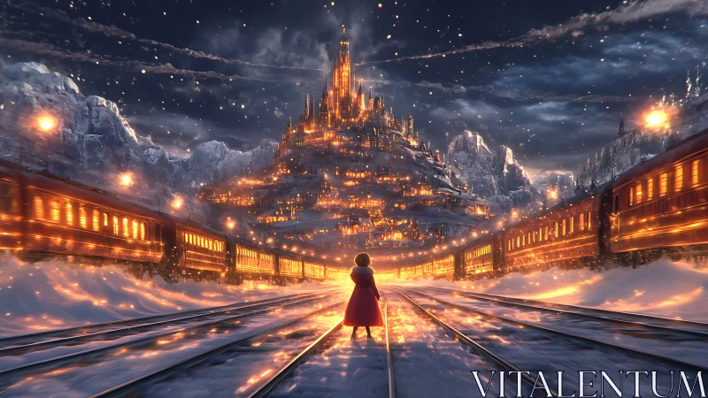 Symmetrical winter rail convergence toward illuminated mountain citadel