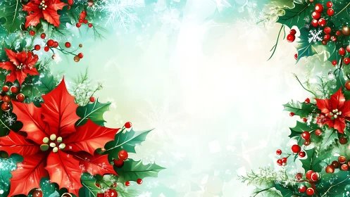 Poinsettia holly wreaths cradle a snowfall of soft light.