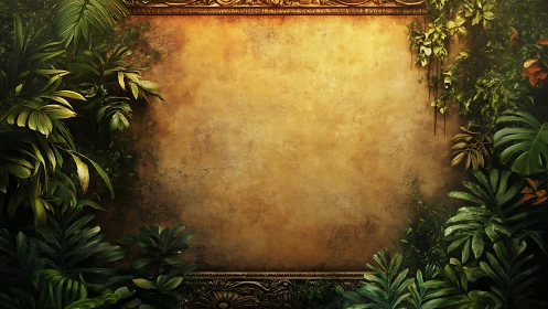Golden jungle frame surrounds warm textured background.