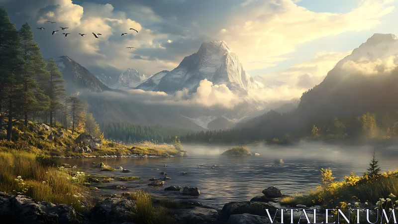 Sunlit alpine lake mirrors misty snowcapped mountain peak.