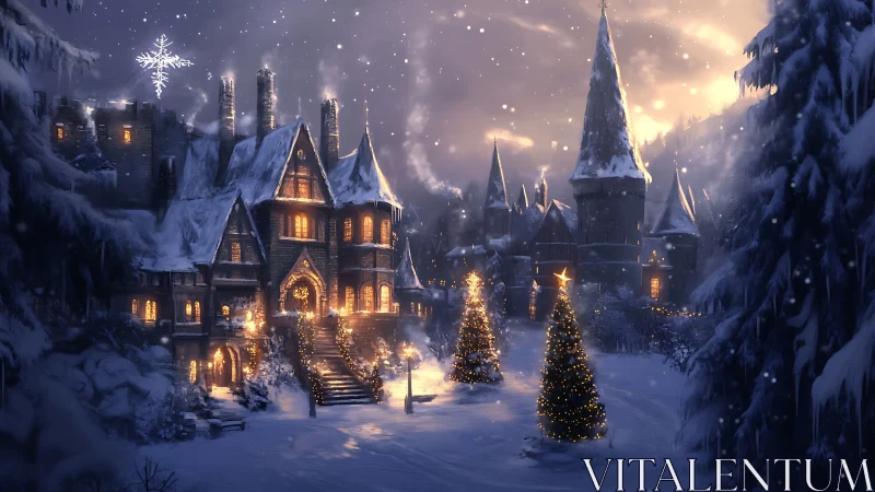 Snowy castle courtyard glows with warm festive Christmas lights