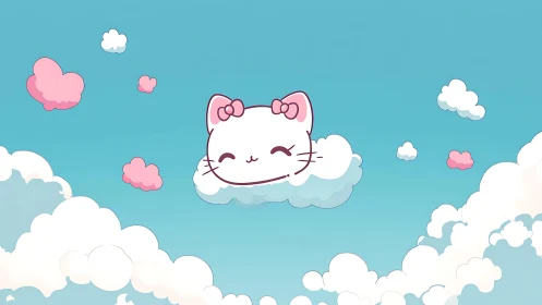 Anime cloudscape with kawaii cat motif and pastel sky framing.