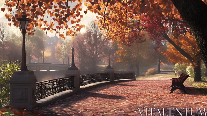 Sunlit autumn park path curves quietly beside a misty river
