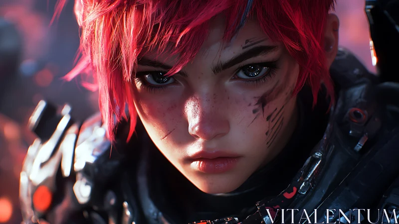 Fierce red‑haired warrior gazes ahead with quiet resolve.