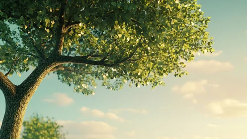 Procedurally lit summer tree canopy in shallow perspective.