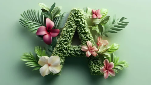 Lush Botanical Letter A with Tropical Flowers and Greenery, 3D Art.