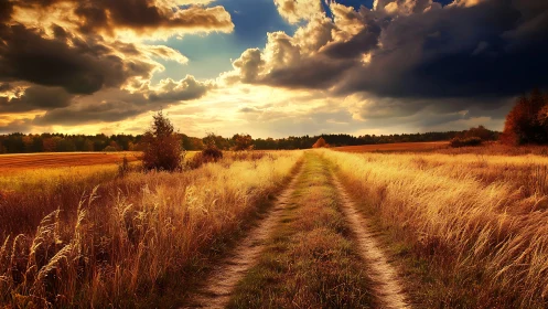 Golden country path under a glowing, dramatic sunset sky.