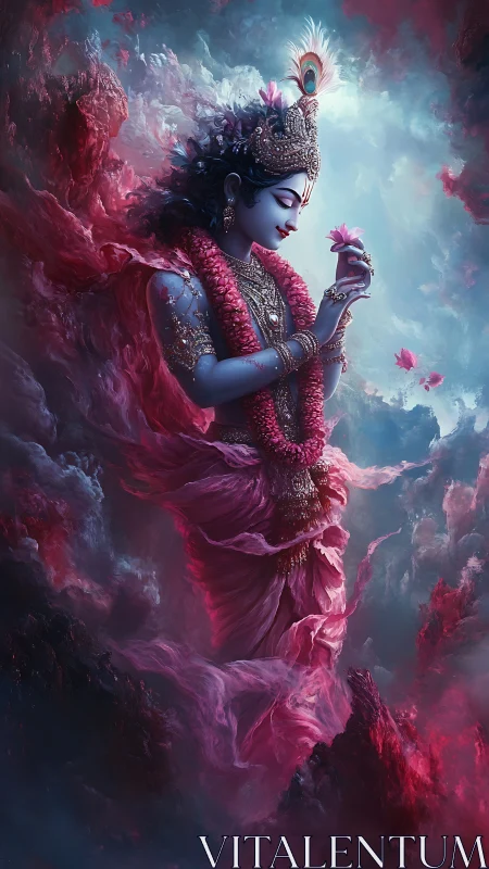 Mythic blue deity amid vortex of nebular crimson clouds.