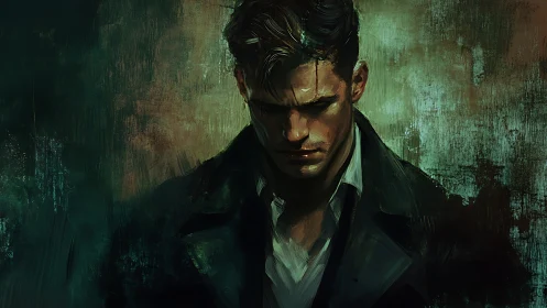 Solitary male figure in dark coat against textured greens.