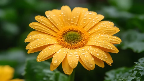 Golden Gerbera Daisy Glistening with Morning Dew.