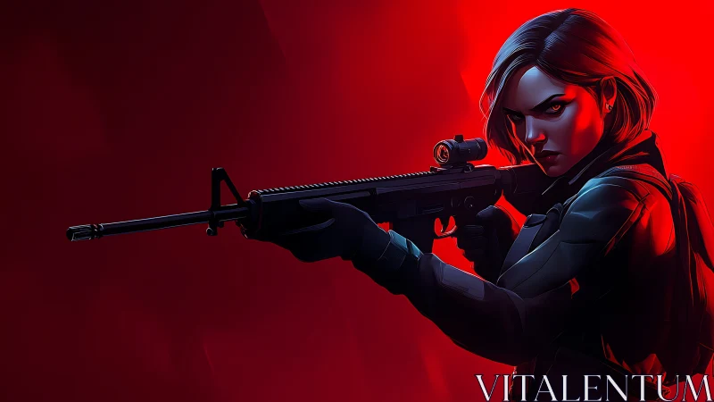 Stealth sniper aims rifle under intense red lighting.