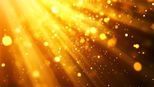 Golden sunlight rays with glowing dust particles, abstract background.