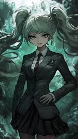 Pigtail anime schoolgirl in dark blazer against teal vortex