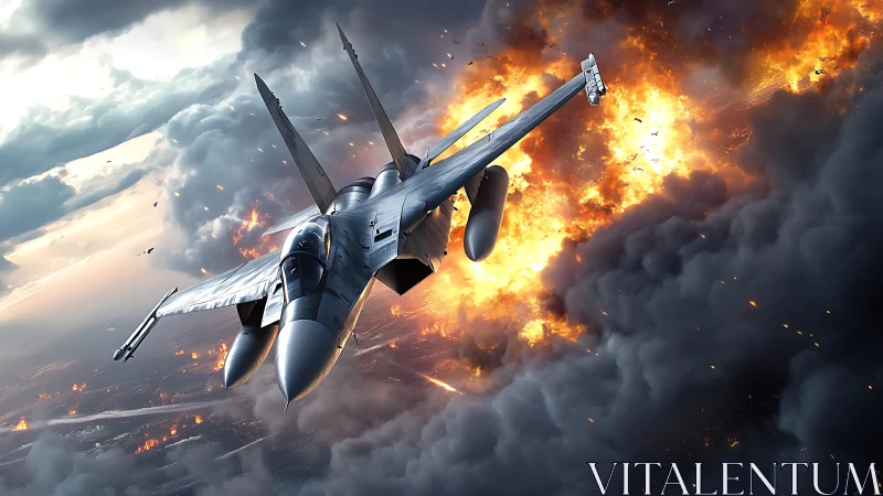 Jet slices through stormy sky beside huge fiery blast