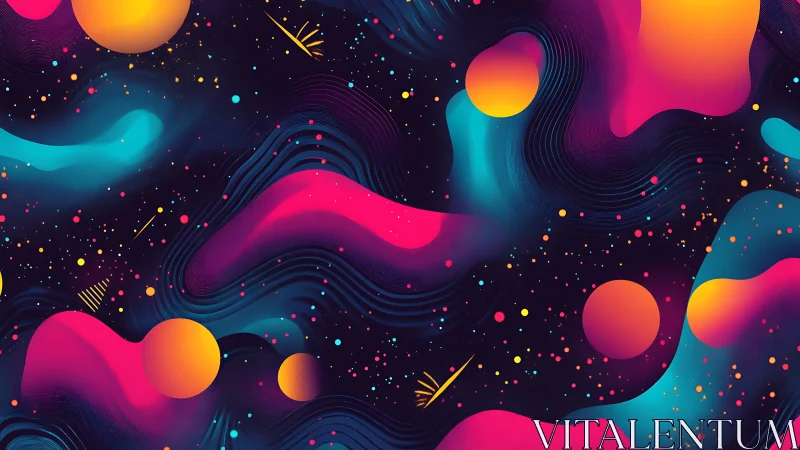 Neon gradient orbs drift through abstract cosmic fluid field