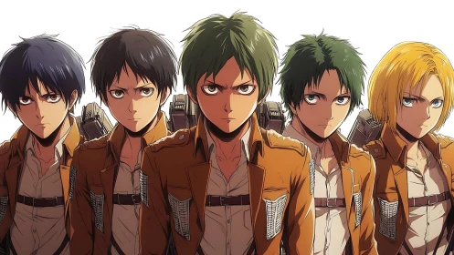 Five determined cadets in tactical harnesses, frontal lineup