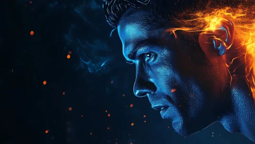 Blue ember warrior framed in blazing electric flame profile.